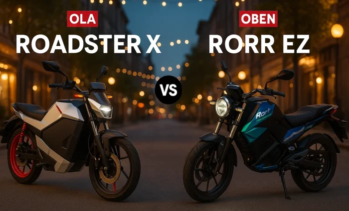 Oben Rorr EZ and Ola Roadster X electric motorcycles on a Diwali-decorated street with diyas, rangoli, and festive lights
