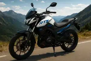TVS Apache RTX 300 Adventure Bike 2025 on road with LED lights and sporty design.