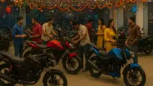 Festive season 2025 bike sales boom in India showroom with colorful lights and customers buying motorcycles.
