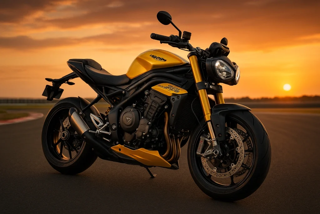 "Triumph Speed Triple 1200 RX Limited Edition in Triumph Performance Yellow and Granite Black, showcased on racetrack with sporty stance and premium components visible"