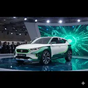 Maruti Suzuki Victoris CBG showcased indoors at Japan Mobility Show with biogas display theme.