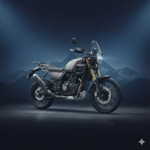Front angle of Royal Enfield Himalayan 750 adventure bike in studio lighting.