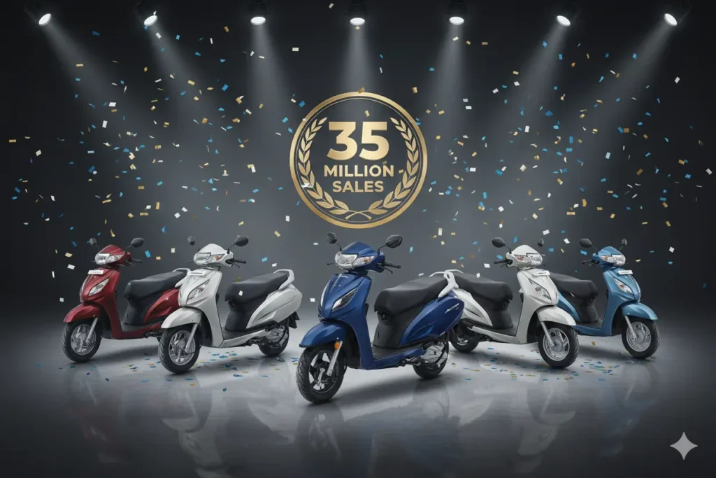 Honda Activa celebrates 35 million sales milestone — lineup of old to new generations.