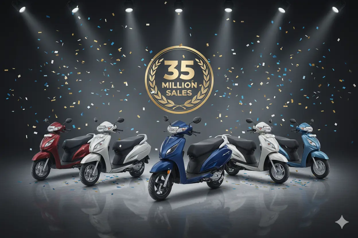 Honda Activa celebrates 35 million sales milestone — lineup of old to new generations.