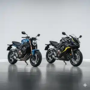 “2026 Honda CB650R and CBR650R new colour lineup with LED headlamps glowing”