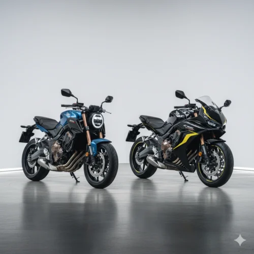 “2026 Honda CB650R and CBR650R new colour lineup with LED headlamps glowing”