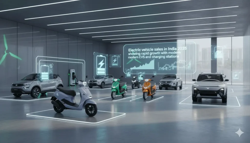 Electric vehicle sales in India 2025 showing rapid growth with modern EVs and charging stations