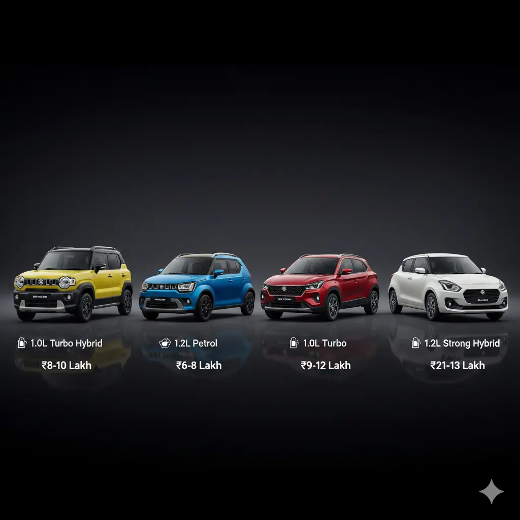 Comparison image — Suzuki Xbee vs Maruti Ignis vs Maruti Fronx vs Maruti Swift Hybrid studio lineup.