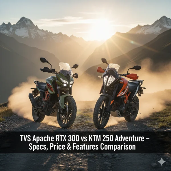 TVS Apache RTX 300 and KTM 250 Adventure comparison banner on mountain trail with overlay text.