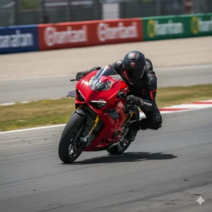 2025 Ducati Panigale V2 racing on track in lean angle.