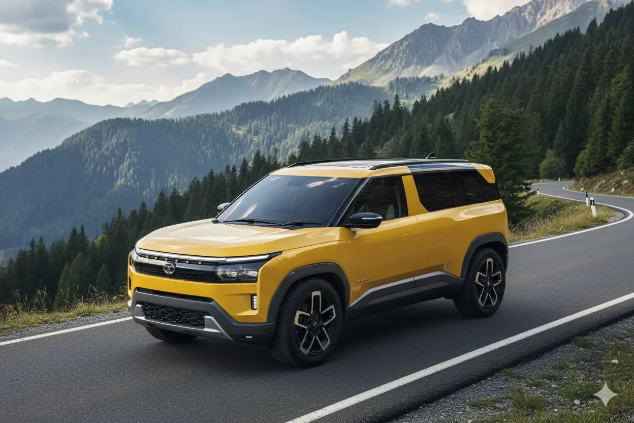 “Tata Sierra 2025 exterior showing boxy design, connected LED strip, alloy wheels and dual-tone finish.”