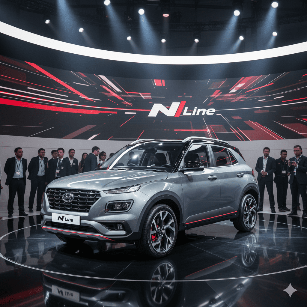 Venue N Line showcased indoors at auto expo with N Line highlights.