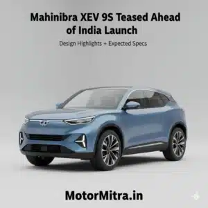 Mahindra XEV 9S teased design banner with MotorMitra.in branding