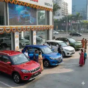 “Maruti Suzuki Brezza, Swift, Baleno and Grand Vitara lineup outside dealership during festive season in India”