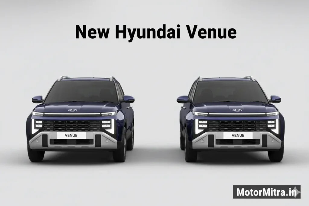 A premium banner image featuring New Hyundai Venue side-by-side under studio lighting with MotorMitra.in branding, 1200×600.
