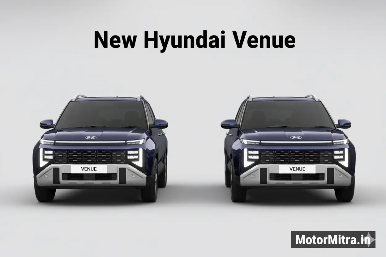 A premium banner image featuring New Hyundai Venue side-by-side under studio lighting with MotorMitra.in branding, 1200×600.
