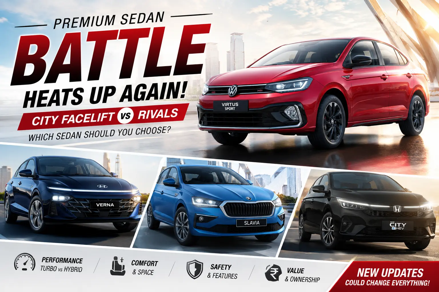 Honda City Facelift vs Verna, Slavia, Virtus