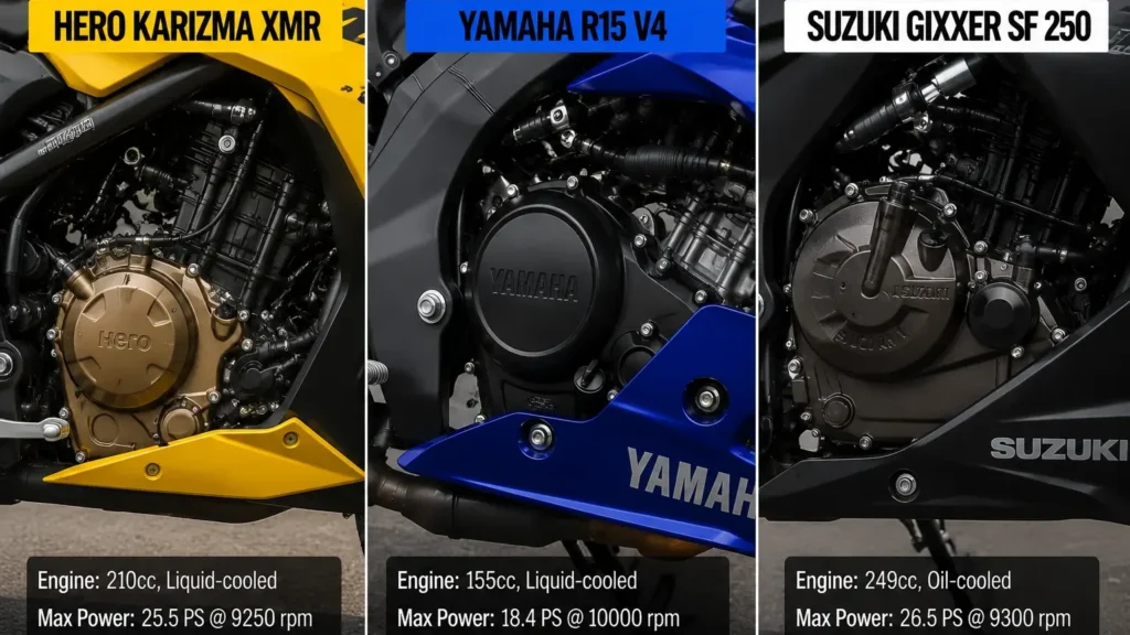 Hero Karizma XMR vs Yamaha R15 V4 vs Suzuki Gixxer SF 250 Spec Comparison