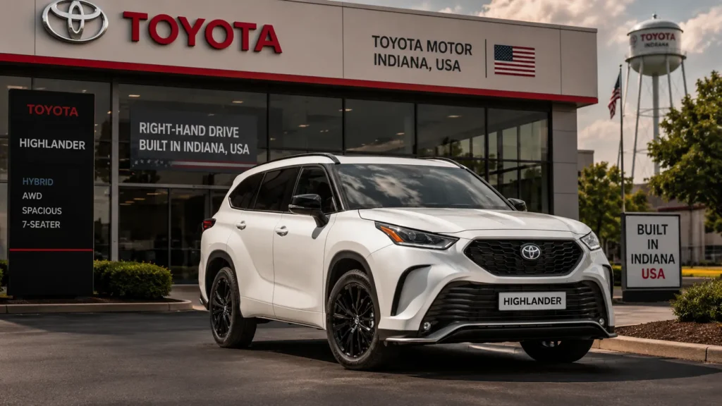 2026 Toyota Highlander SUV at Japanese dealership with right-hand drive configuration built in Indiana USA