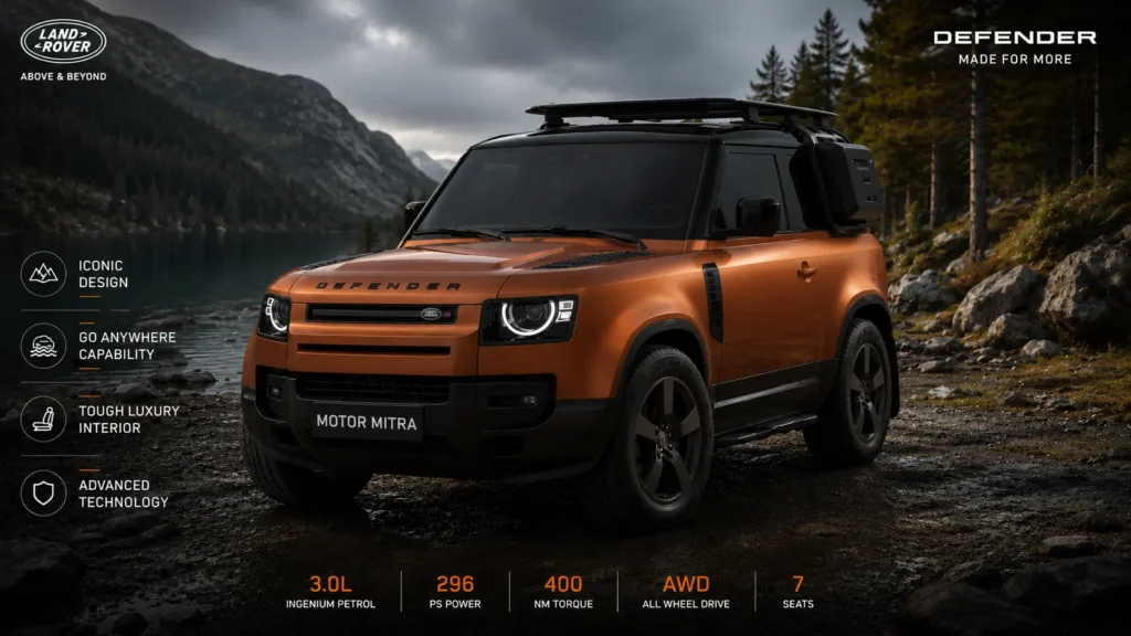 2026 Land Rover Defender Vertex variant in Carpathian Grey with 22-inch alloy wheels and yellow brake calipers