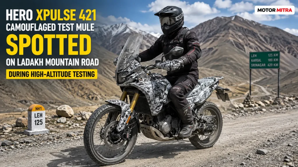 Hero Xpulse 421 camouflaged test mule spotted on Ladakh mountain road during high-altitude testing