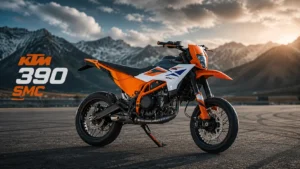 KTM 390 SMC R supermoto motorcycle side profile on road 2026